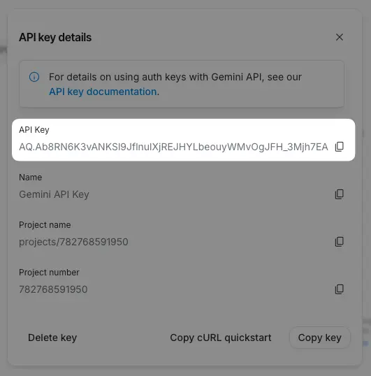 建立後會產生一組API Key,複製 API Key並保存到安全位置。